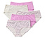 Pět dámských kalhotek různých barev a vzorů leží na sobě.
