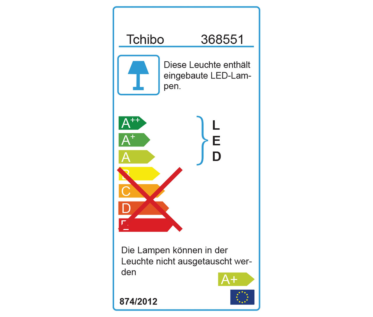 Energetický štítek s třídami A++ až E, přičemž třídy C až E jsou přeškrtnuty červenou barvou. Štítek uvádí, že svítidlo obsahuje vestavěné LED lampy.