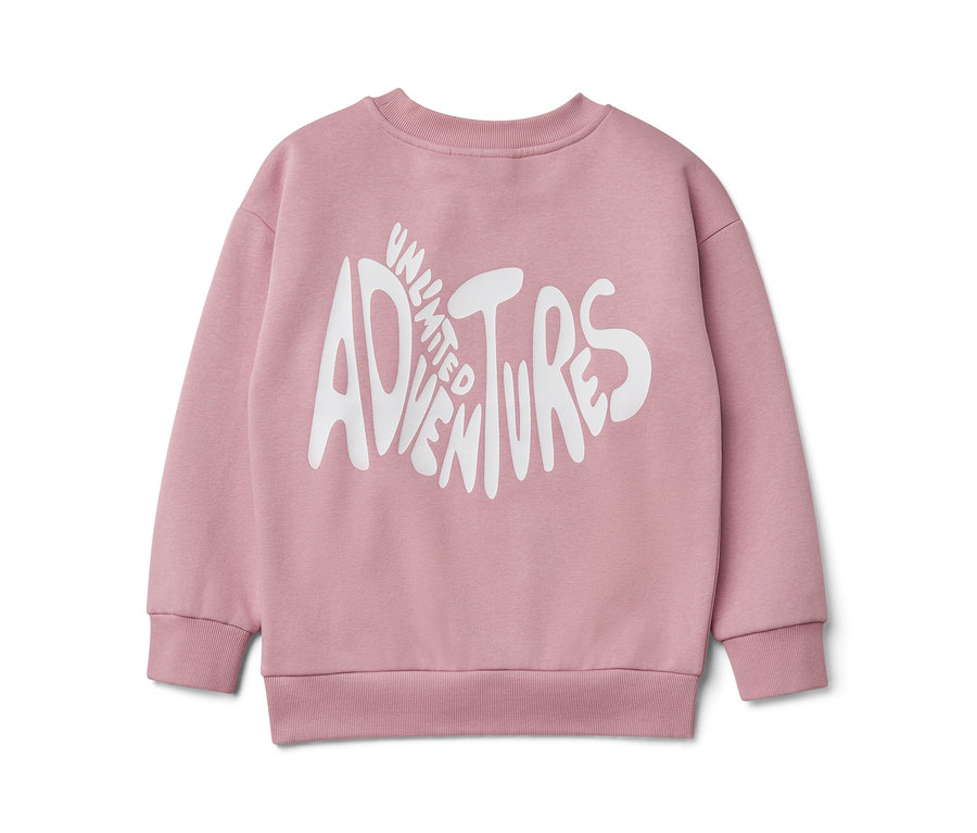 Růžová dětská mikina s bílým nápisem Unlimited Adventures.