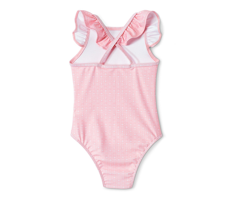 Růžové jednodílné plavky s recyklovaného materiálu s volánky na ramínkách a vzorem.