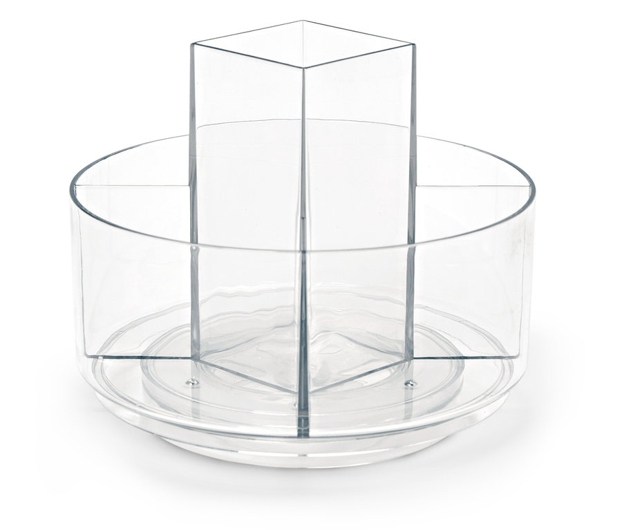 Průhledný otočný organizér s několika přihrádkami.