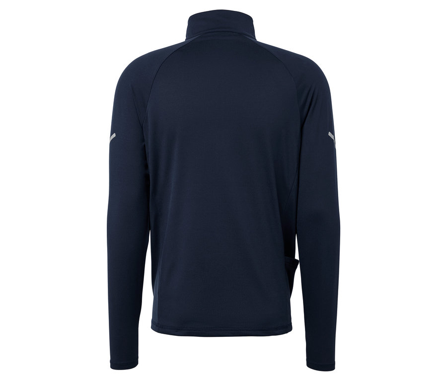 Zadní pohled na tmavě modrou bundu s dlouhými rukávy.