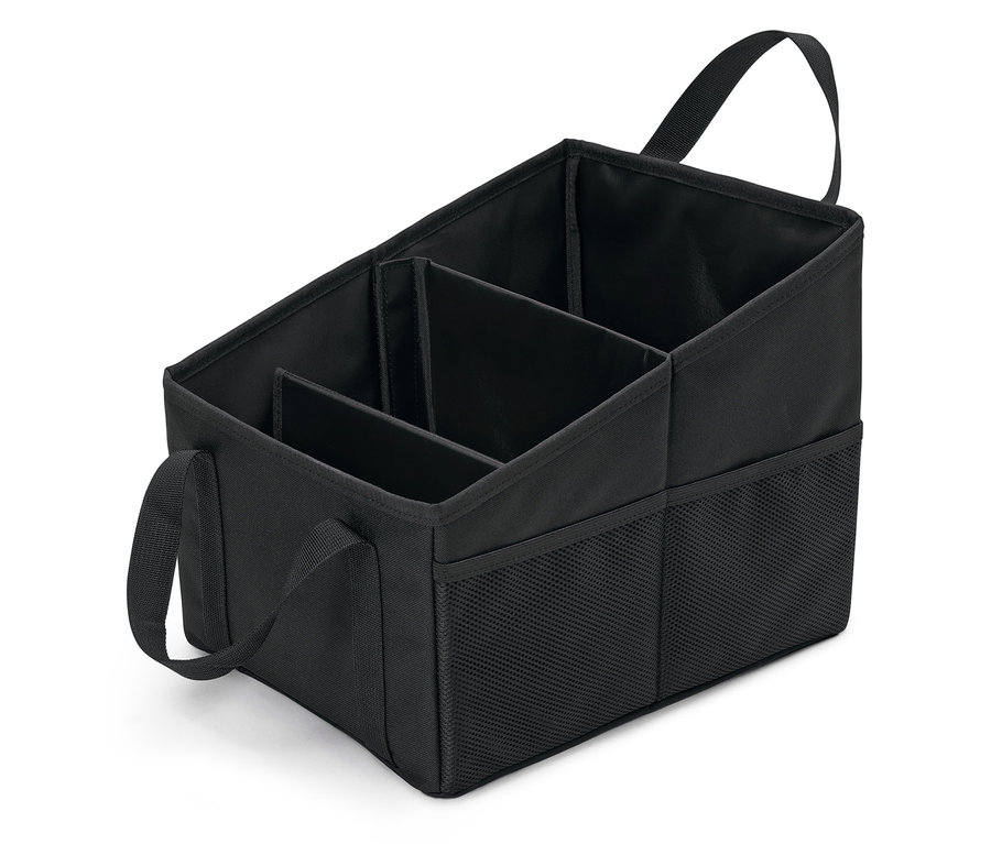 Černý textilní organizér se čtyřmi přihrádkami a držadly.