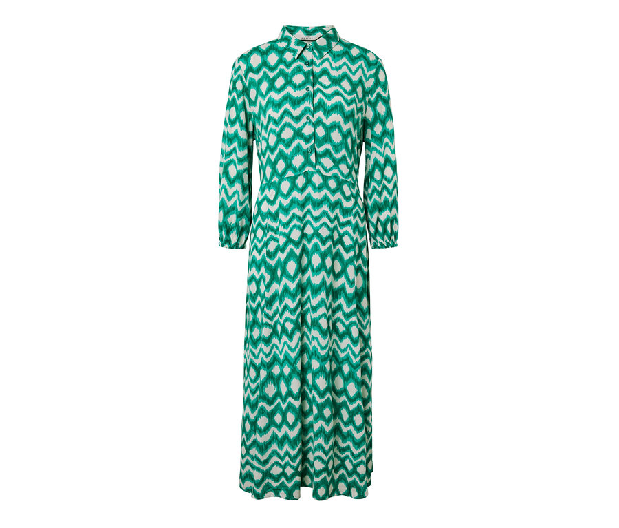 Zelené a bílé košilové šaty s potiskem.