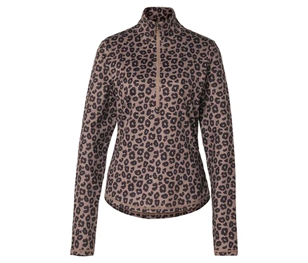 Hnědé sportovní termotriko s polovičním zipsom a leopardím vzorem.