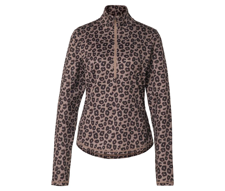 Hnědé sportovní termotriko s polovičním zipsom a leopardím vzorem.