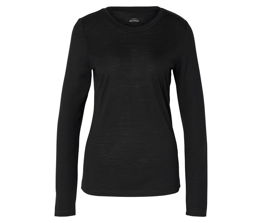 Černé sportovní tričko s dlouhým rukávem leží na bílém pozadí.