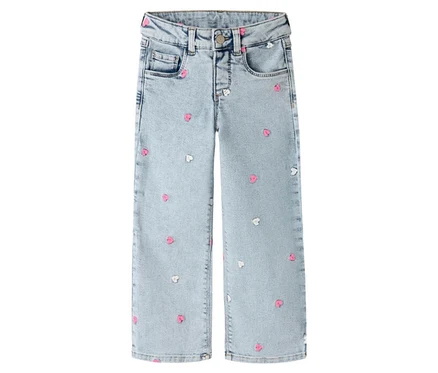 Světle modré dětské džíny NAME IT Wide Leg s růžovými a bílými srdíčky.