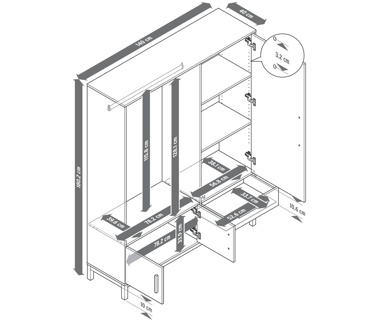 Rozměry šatní skříně »Eklund« s otevřenými dveřmi a zásuvkami.