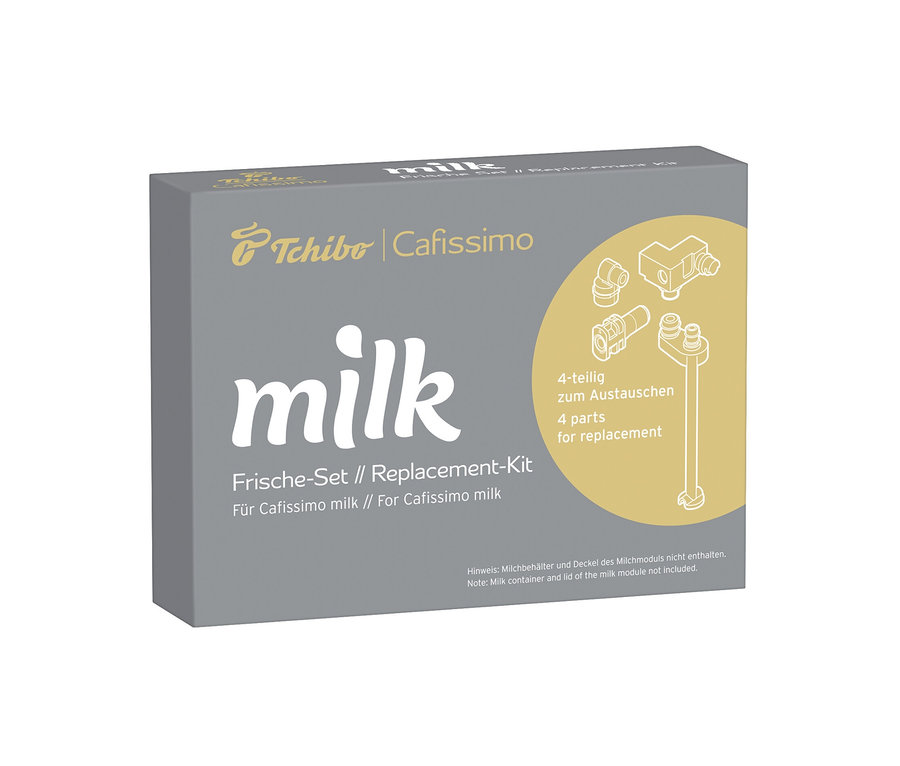 Balení náhradní sady Cafissimo milk šedé barvy. Na obalu je nápis milk a ilustrace čtyř dílů.