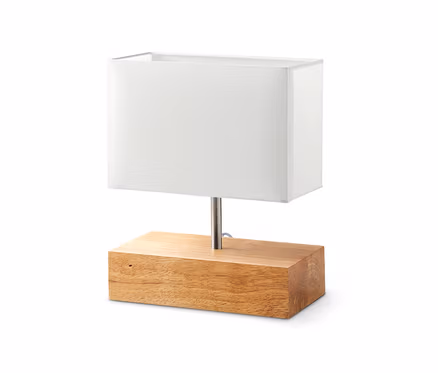 Stolní lampa s dřevěným podstavcem a bílým obdélníkovým stínidlem.
