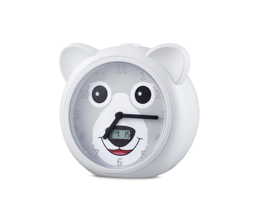 Bílé hodiny s medvědí tváří, pomůcka pro nácvik spánku pro děti.