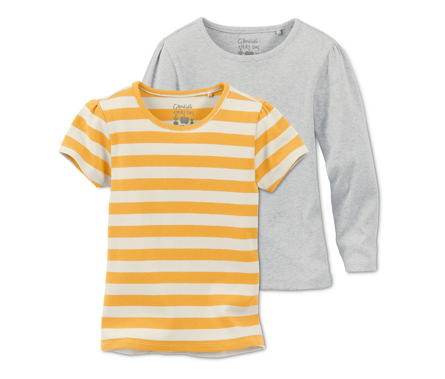 Dvě žebrovaná trička: žluté s bílými pruhy a šedé s dlouhým rukávem.