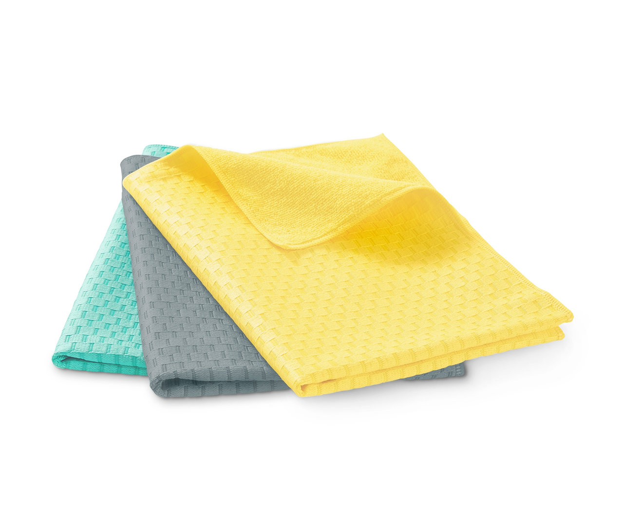 Sada tří utěrek na nádobí: žlutá, šedá a tyrkysová.