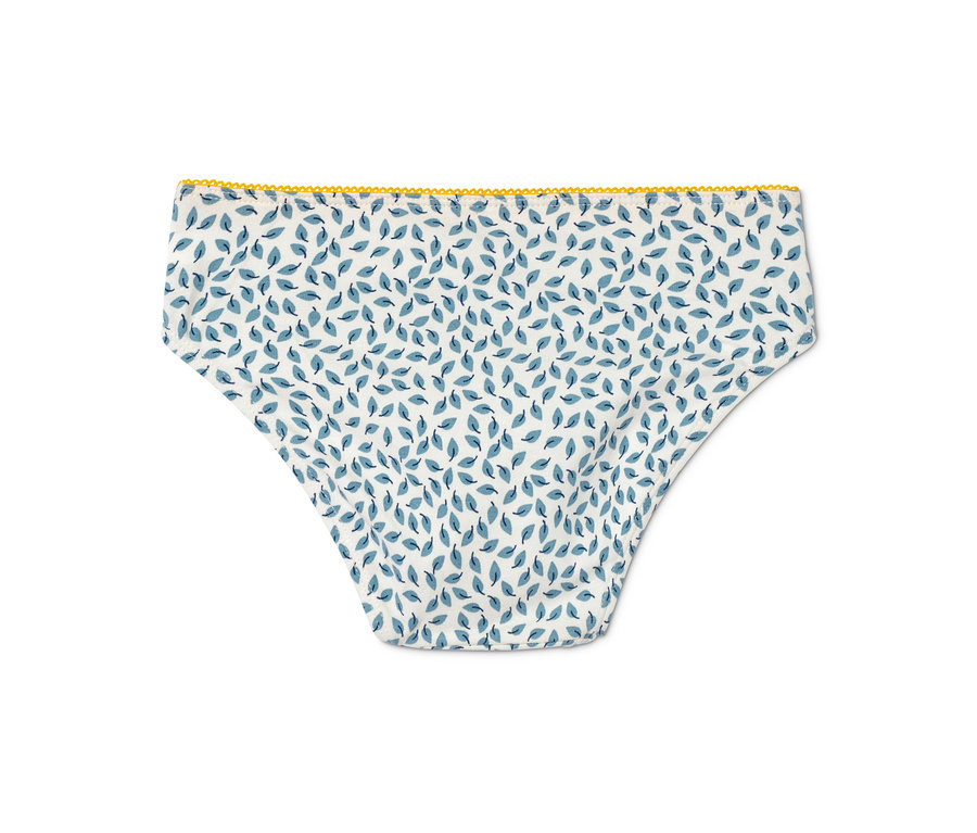 Detail bavlněných kalhotek s modrým potiskem listů a žlutým lemováním. Kalhotky, 3 ks