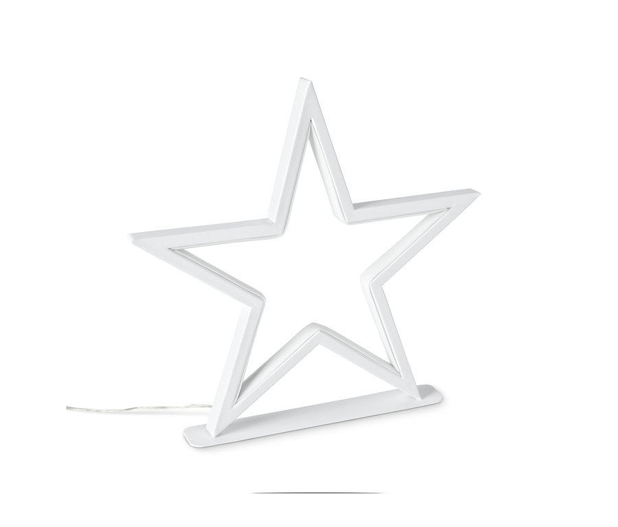 Bílá kovová hvězda s LED světlem stojí na bílém pozadí.