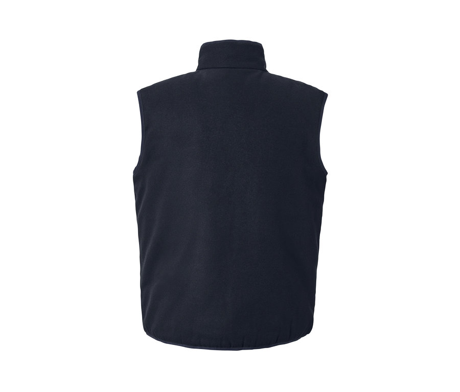 Tmavě modrá oboustranná vesta s límcem.