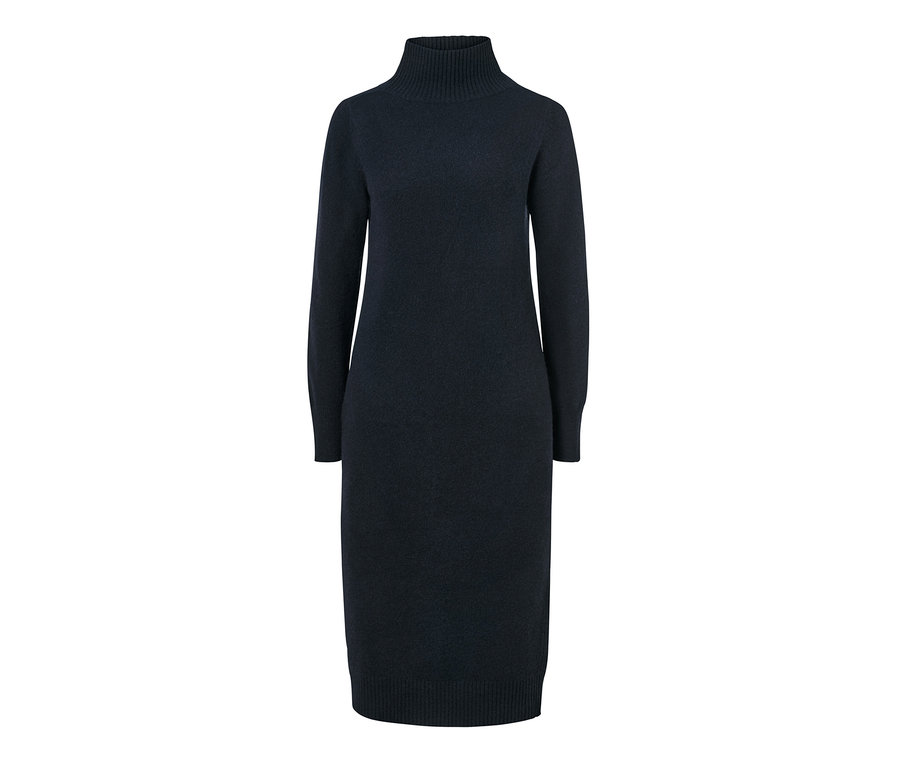 Tmavě modré kašmírové pletené šaty s rolákem a dlouhými rukávy.