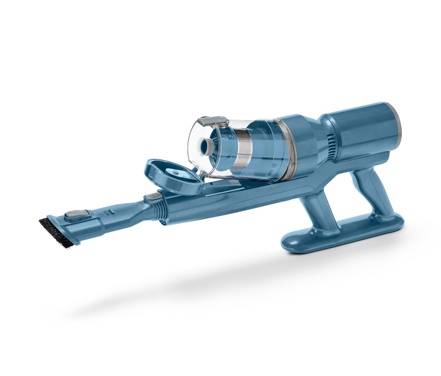 Modrý akumulátorový vysavač s digitálním displejem leží na boku.