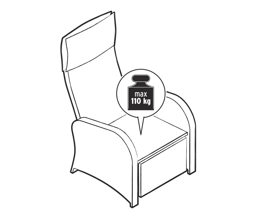 Nákres křesla "Thore" s vyklápěcí podnožkou a maximální nosností 110 kg.