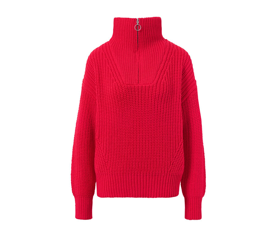 Červený svetr troyer z hrubé pleteniny se zipem.