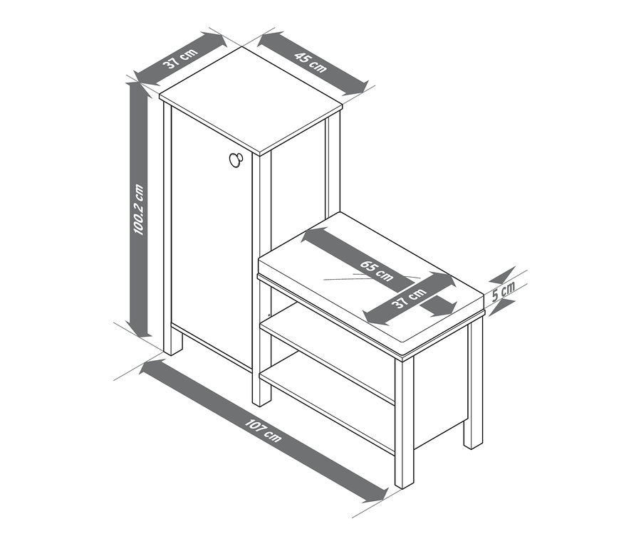Rozměry lavice s botníkem: 107 cm délka, 100.2 cm výška skříně, 65 cm délka sedací části.