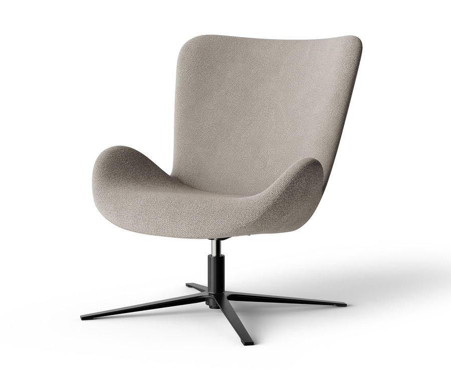 Světle šedé otočné křeslo s černou podstavou.