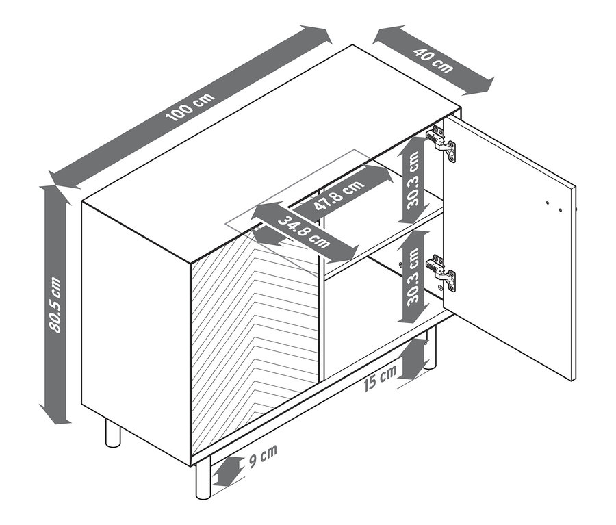 Náčrt komody z jasanového dřeva s ozdobnými čely dvířek a rozměry.