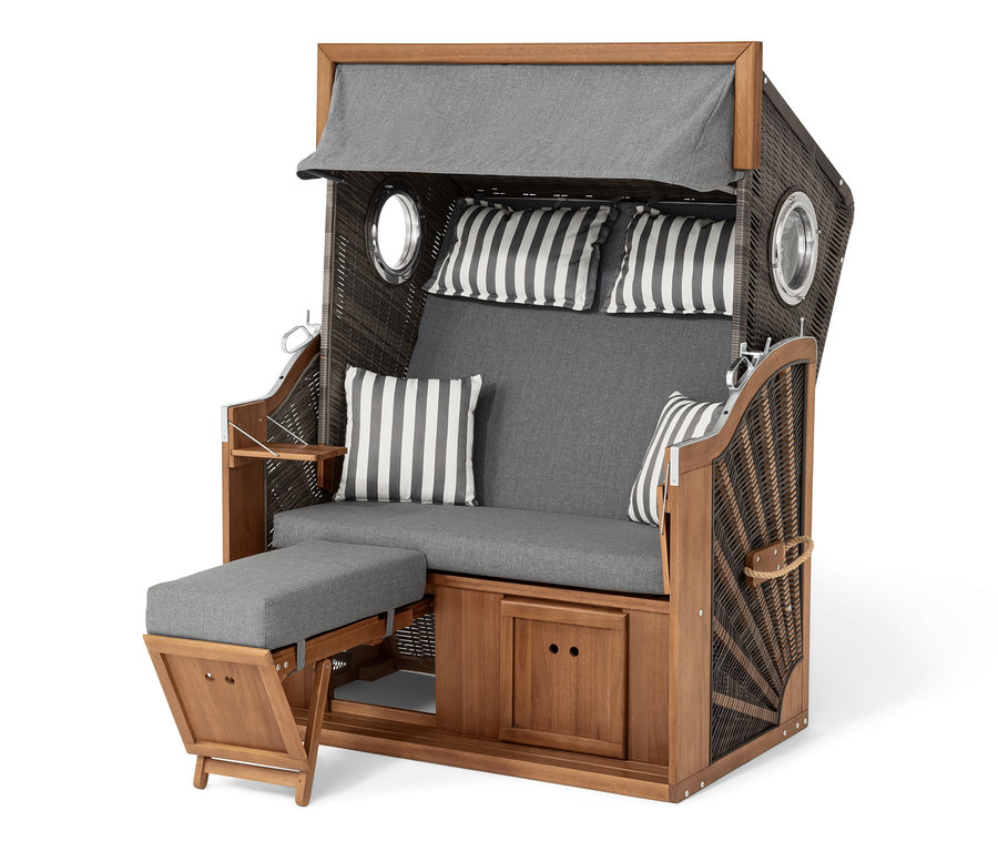 Prémiový plážový koš XL se 2 výklopnými stolky s šedými polštáři.