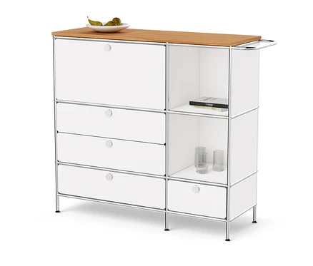 Bílá kovová odkládací skříňka »CN3« s dřevěnou deskou, jedněmi výklopnými dvířky a čtyřmi zásuvkami.