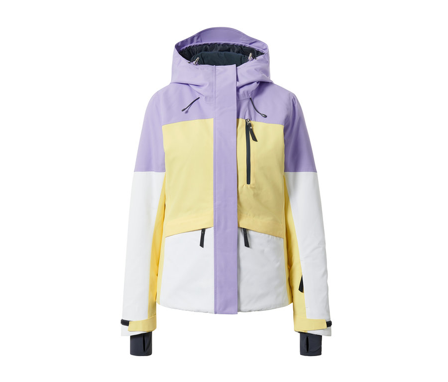 Fialovo-žluto-bílá lyžařská bunda.