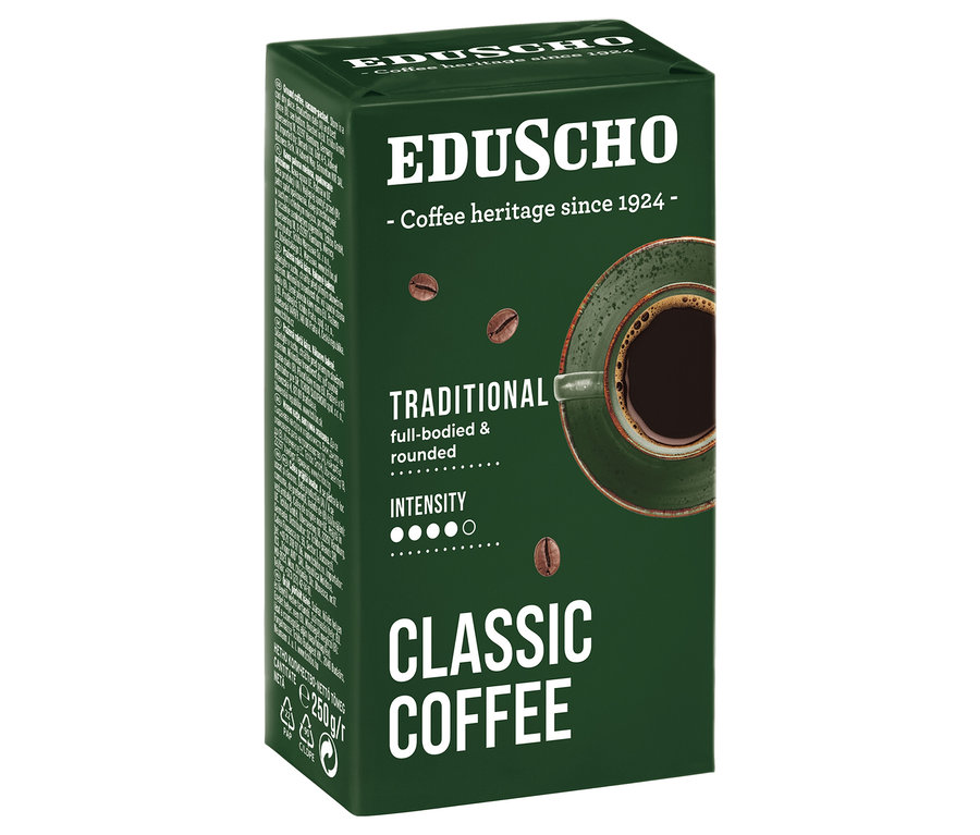 Balení mleté kávy EDU Classic Traditional 250 g. Tmavě zelený obal s vyobrazením šálku kávy.