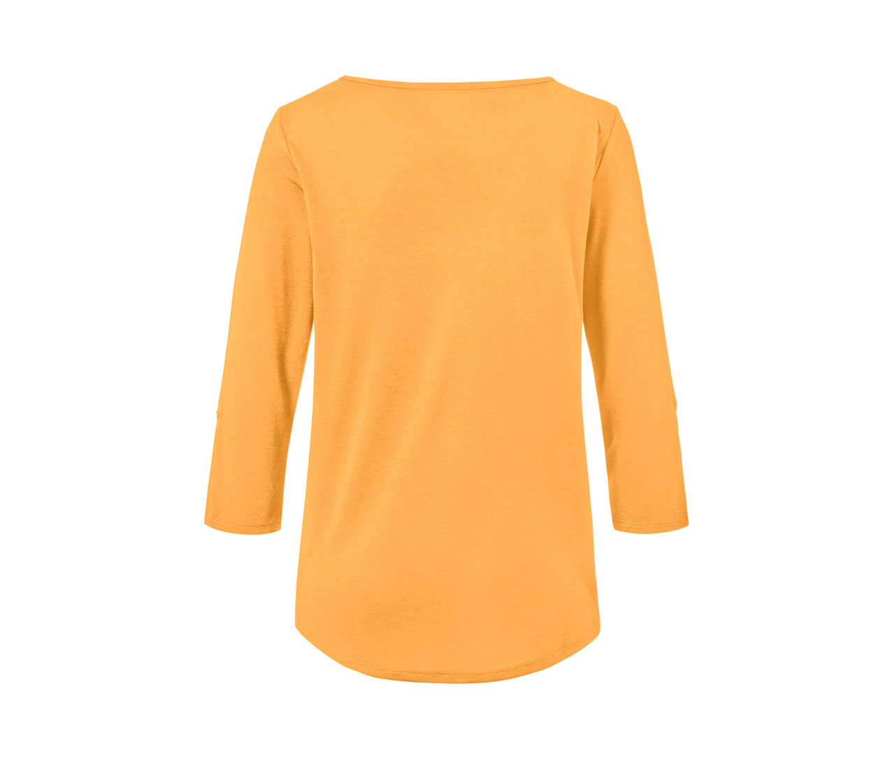 Detail zadní strany oranžového funkčního trika s 3/4 rukávy.