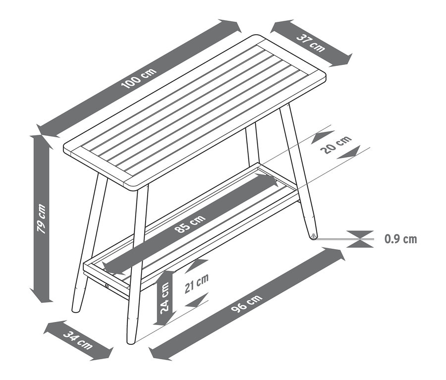 Nákres konzolového stolku se 2 úrovněmi a vyznačenými rozměry.