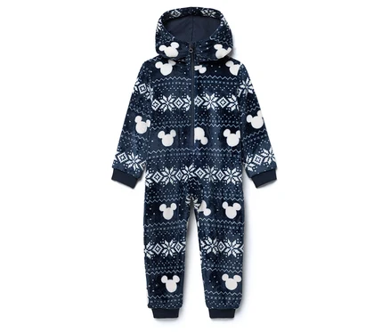 Modrý chlupatý overal s kapucí, vzorem Mickey Mouse a vločkami.