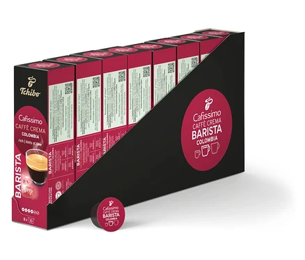 Balení kávových kapslí Cafissimo Barista Colombia. Kapsle jsou uspořádány v černém obalu.