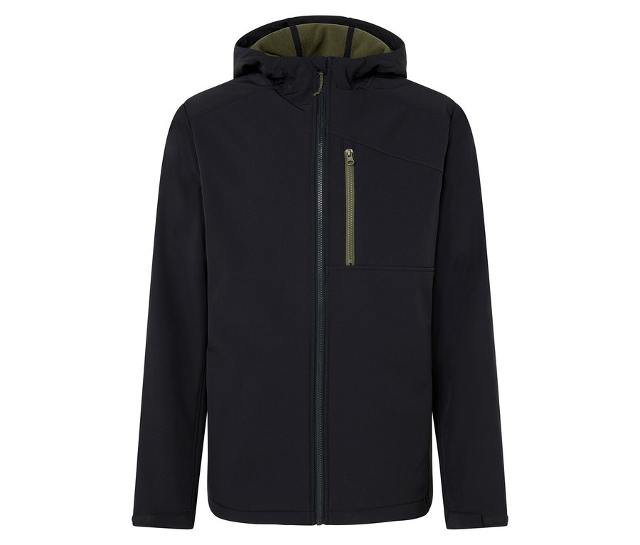 Černá bunda s kapucí a zipem uprostřed.