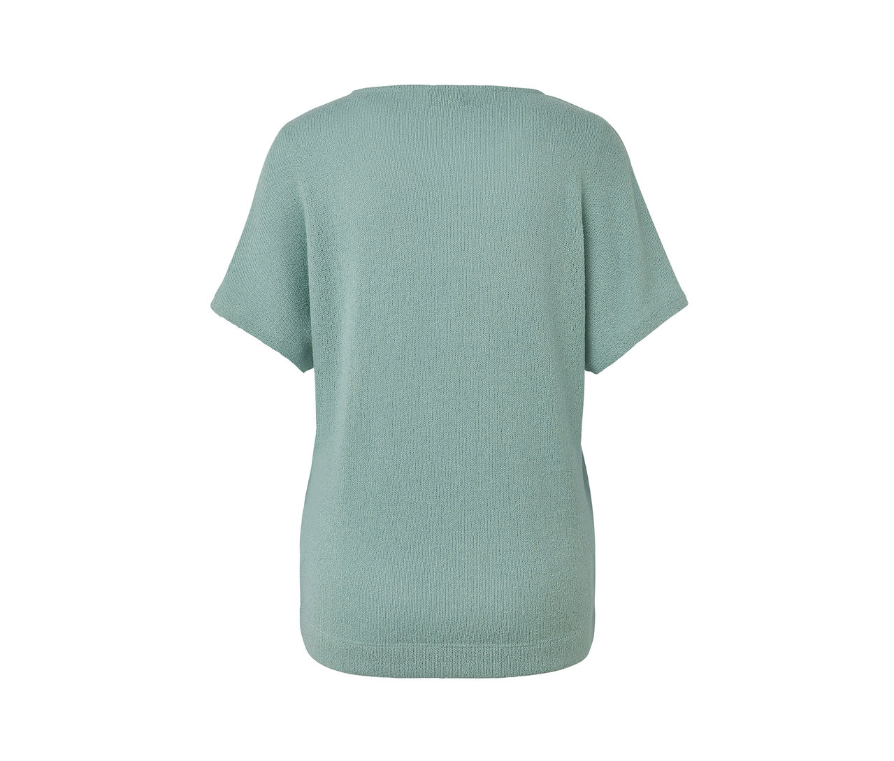 Pohled zezadu na strukturované tričko šalvějové barvy.