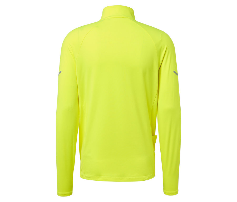 Zadní pohled na neonově žlutý běžecký top s dlouhým rukávem a zipem u krku.
