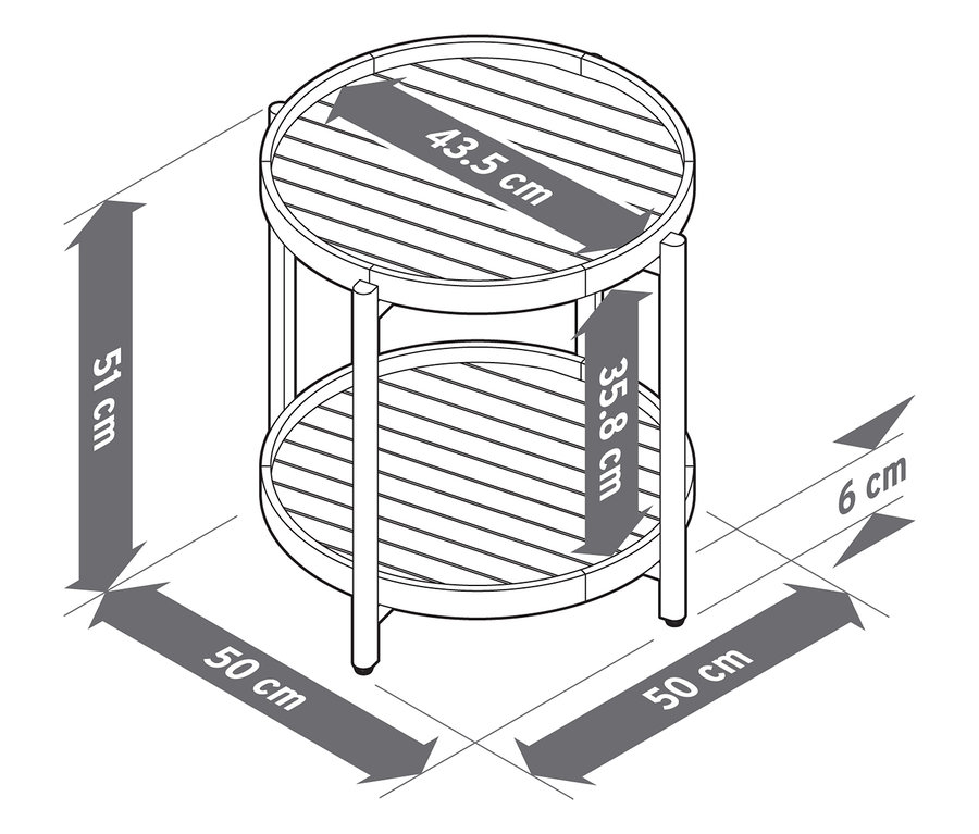 Pohled shora na dvoupodlažní odkládací stolek s rozměry.