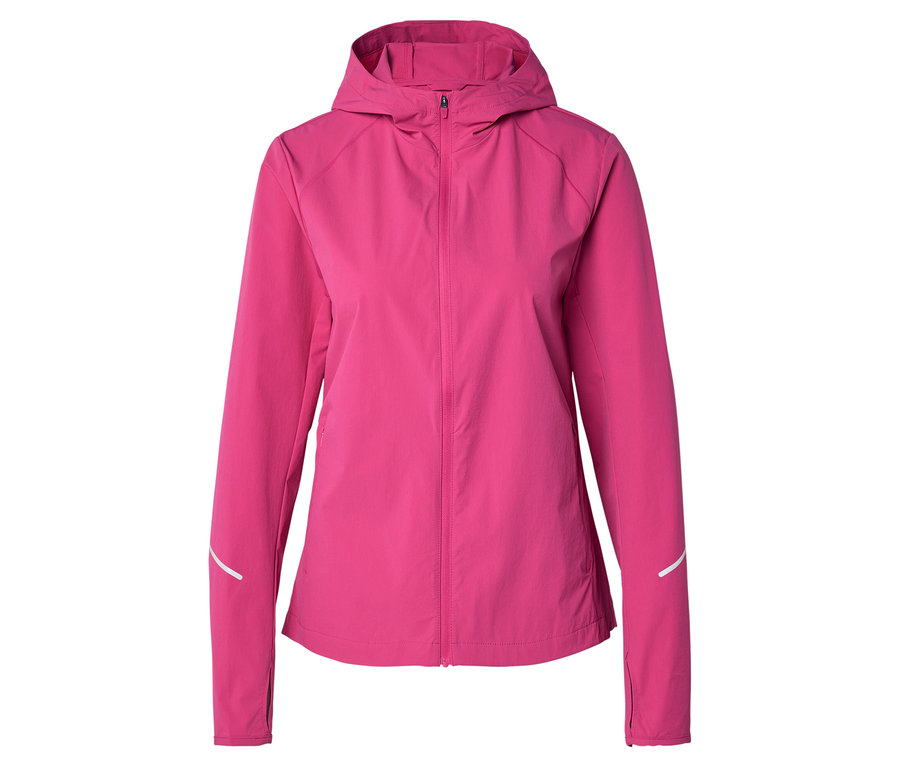 Růžová, podšitá bunda s kapucí a zipem vpředu, rukávy s reflexními detaily.
