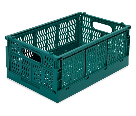 Zelený, skládací plastový box na bílém pozadí.