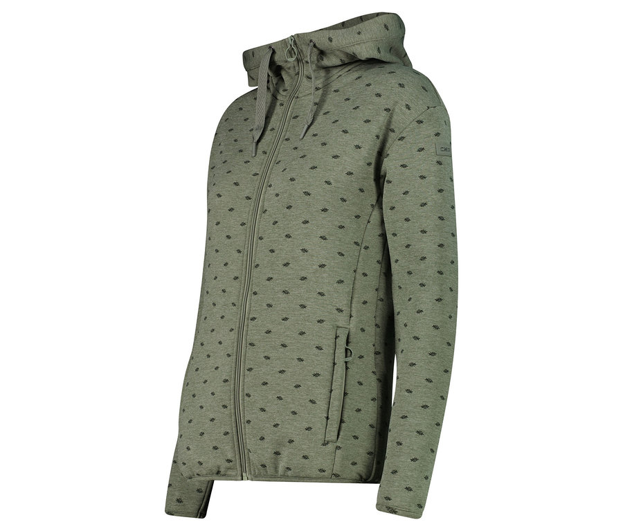 Pohled z boku na světle zelenou mikinu s kapucí na zip s tmavými geometrickými vzory.