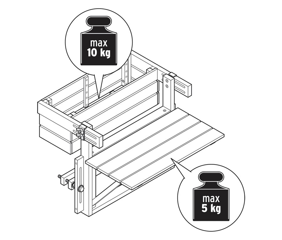 Ilustrace dřevěné konstrukce s údaji o maximální hmotnosti 10 kg a 5 kg.