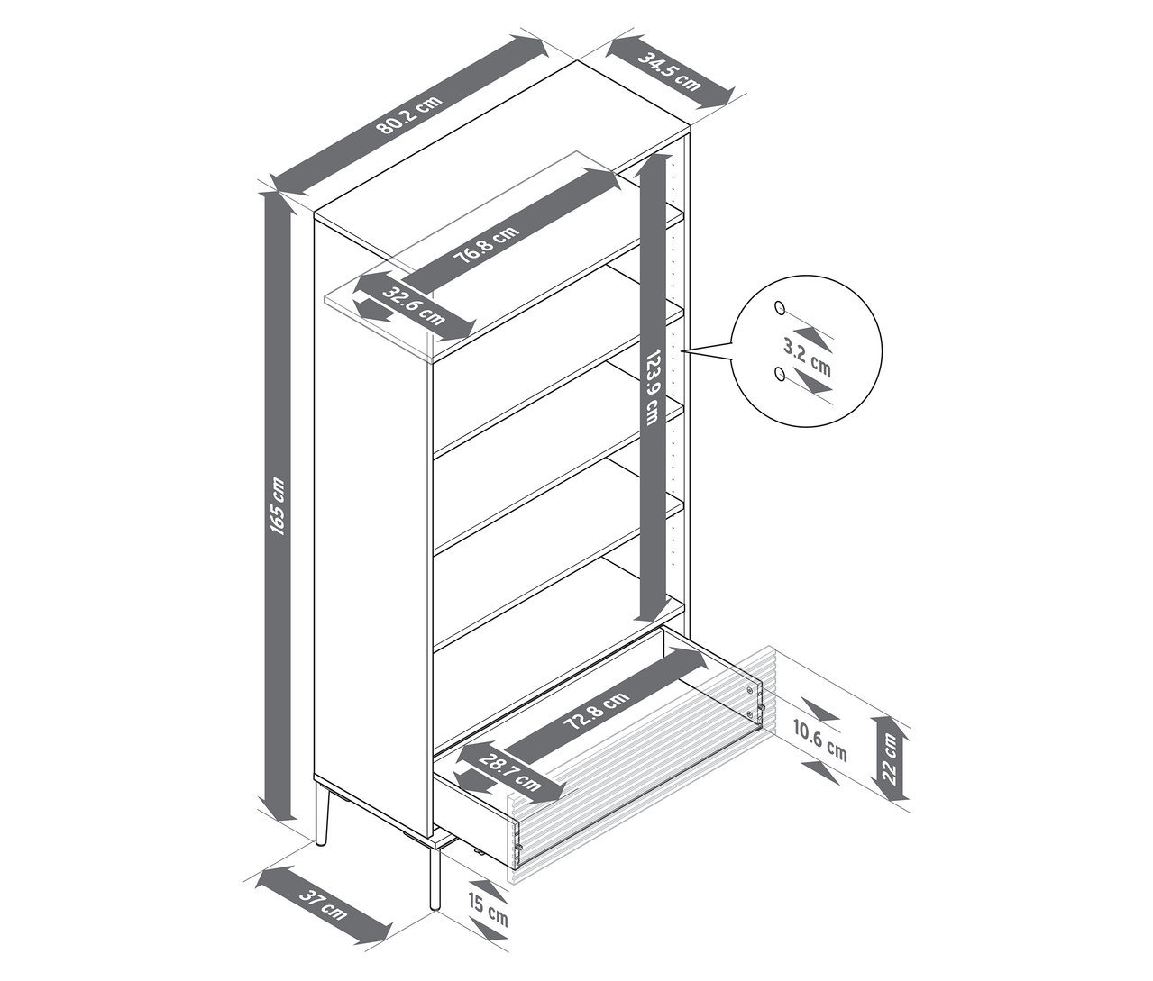 Detailní schematické znázornění regálu »REET« s lamelovým vzhledem, včetně všech rozměrů.