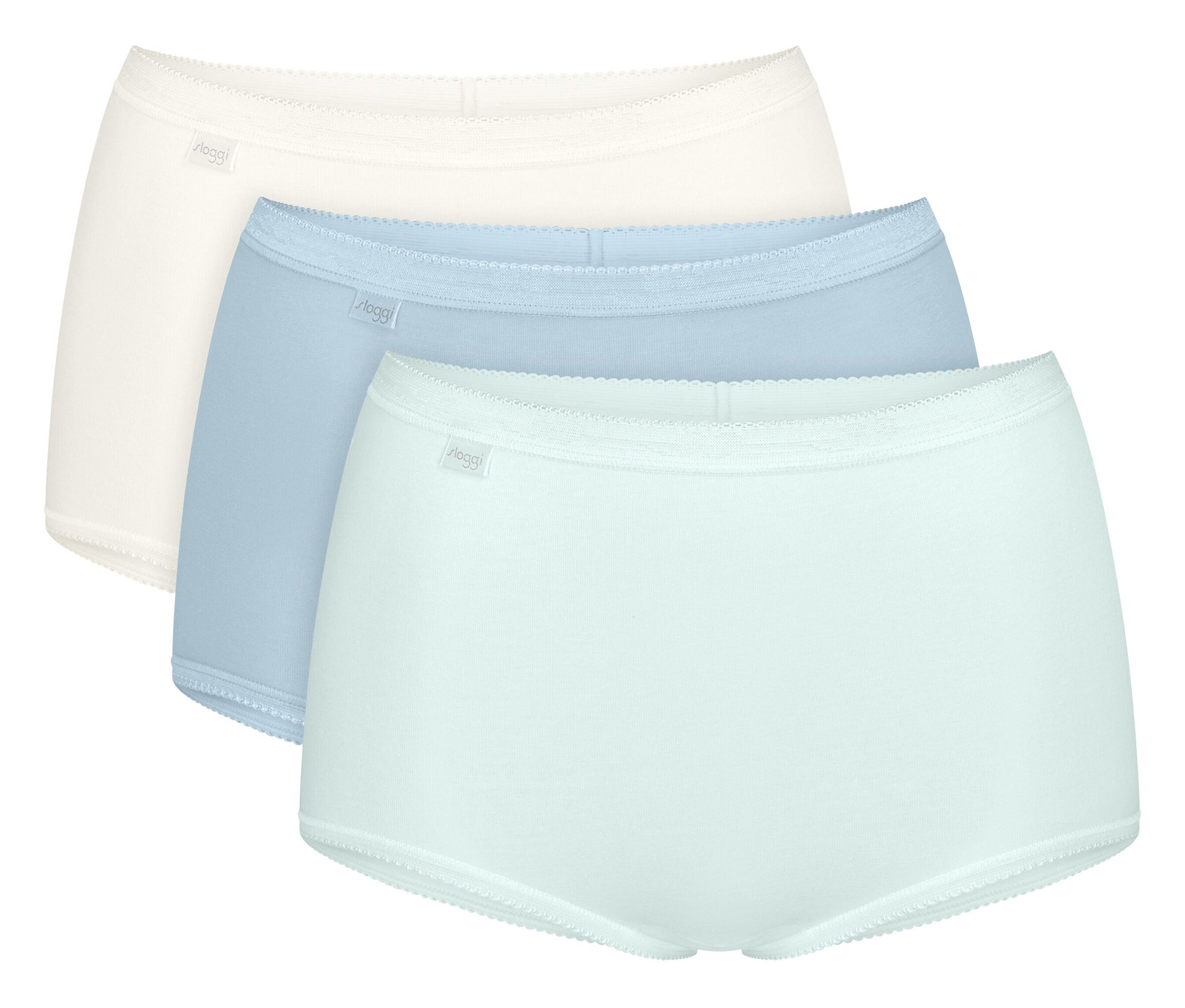 Tři dámské kalhotky v barvách bílá, světle modrá a mátová leží na sobě.