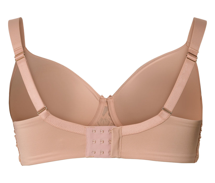 Pohled zezadu na tělovou podprsenku s nastavitelnými ramínky a trojitým háčkovým zapínáním.