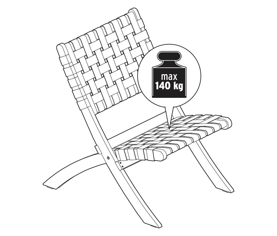 Ilustrace proutěného křesla s maximální nosností 140 kg.