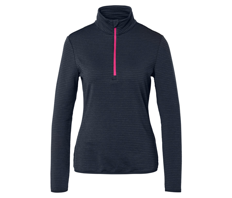 Tmavě modrý top s dlouhým rukávem a růžovým zipem.