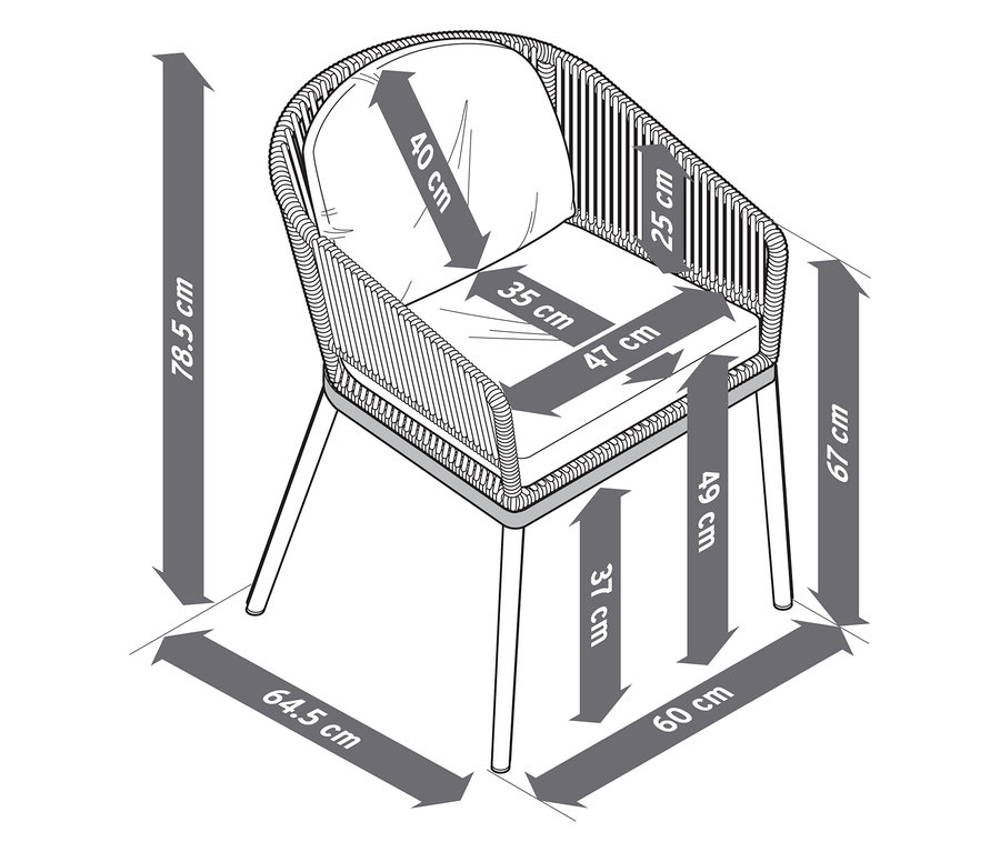 Ilustrace zahradní židle s textilním výpletem a rozměry.